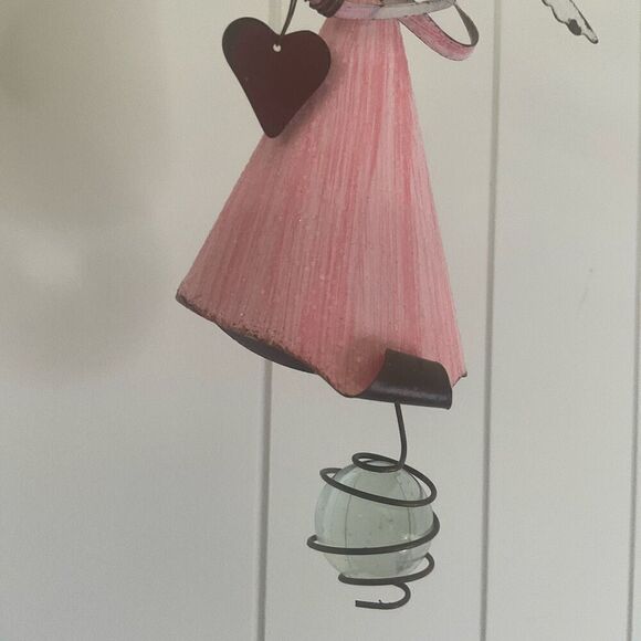 Metal Hanging Angel Figure Pink Dress Wings Heart Friendship Gift 10.5" Long - Picture 3 of 6